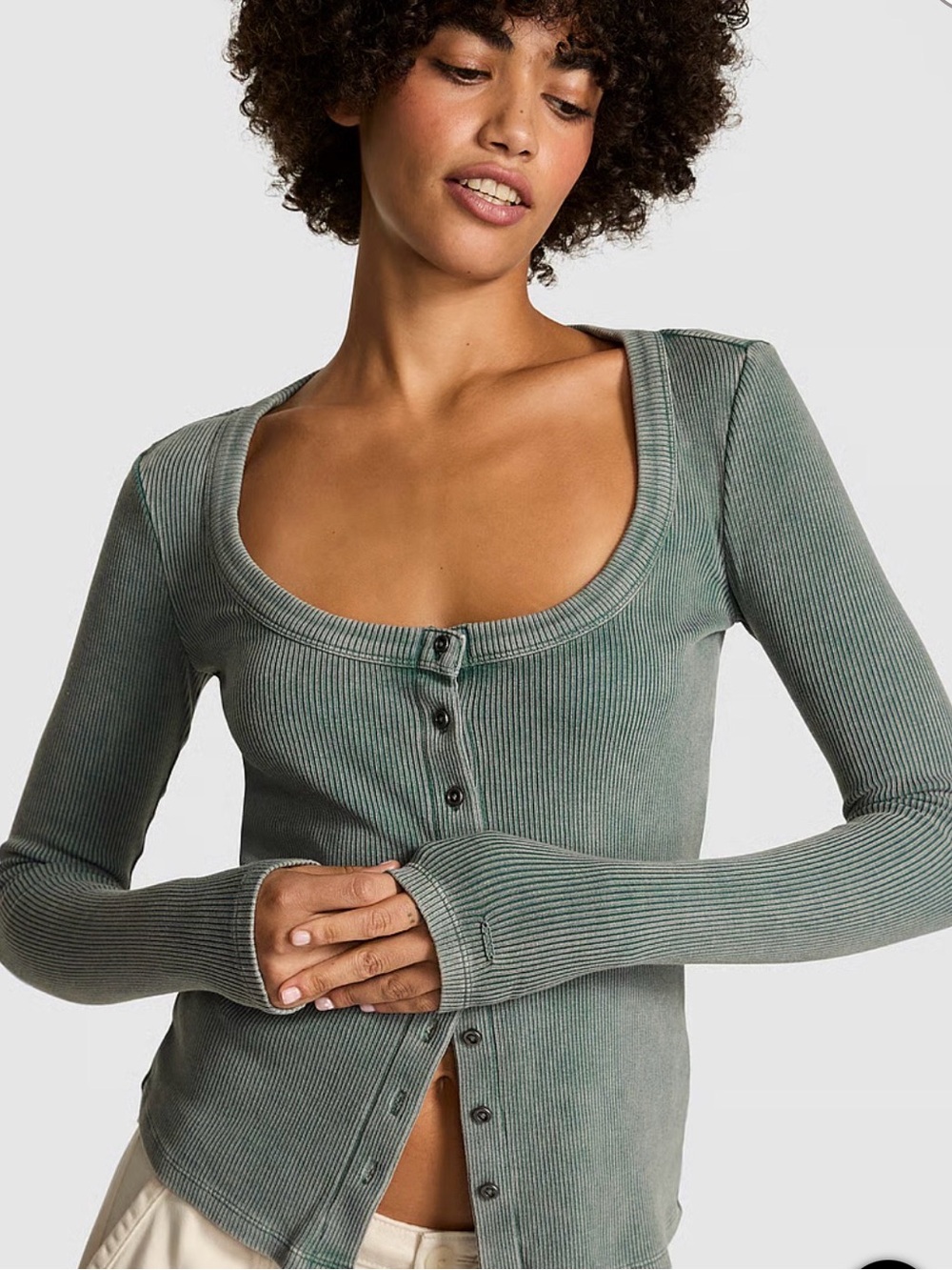 PINK Victoria's Secret Ribbed Scoop-Neck Long Sleeve Top in Sage Green